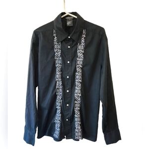 Mens Black Button-Up Shirt with White Embroidery Size Medium